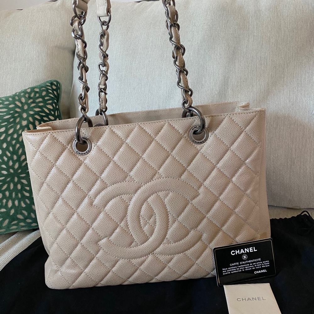 Authentic CHANEL 12C Beige Caviar GST Tote Bag